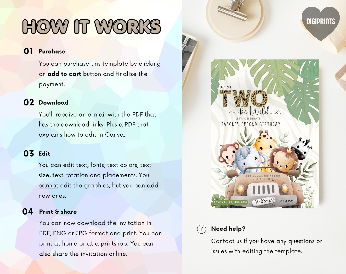 Safari Second Birthday Invitation Template | Editable Canva Template | 5x7in & WhatsApp | Digital Download
