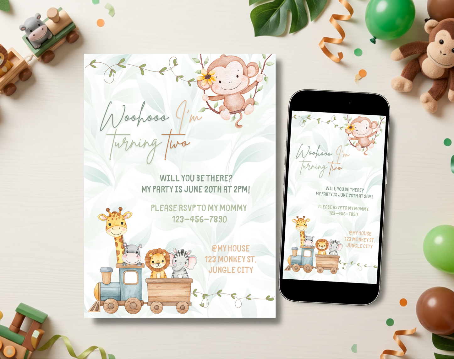 Jungle Train Second Birthday Invitation Template | Editable Canva Template | 5x7in & WhatsApp | Digital Download