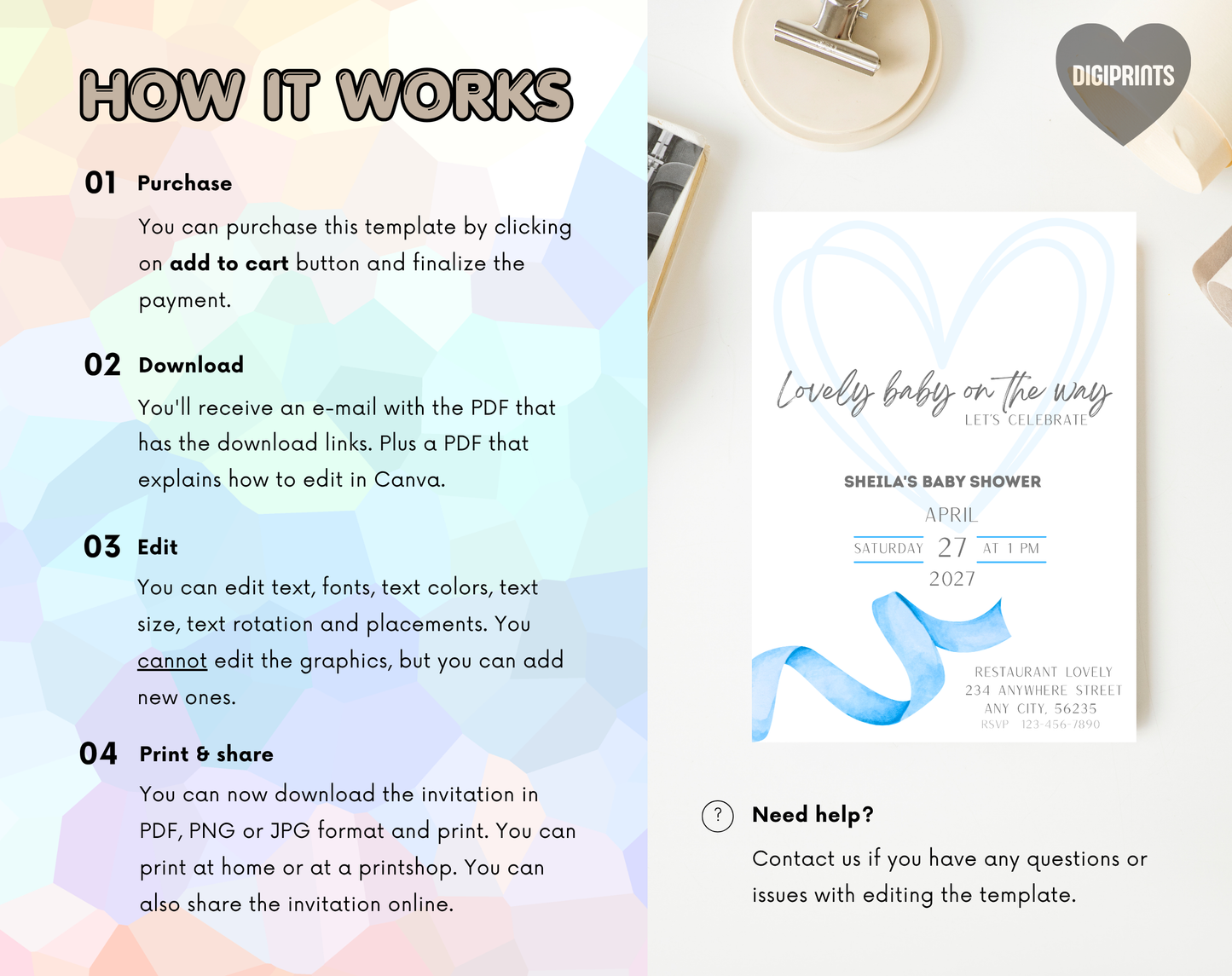 Blue Ribbon Baby Shower Invitation Template | Editable Canva Template | 5x7in & WhatsApp | Digital Download