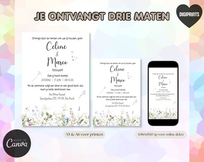 Wilde Bloemen Bruiloft Uitnodigingstemplate Wit | Bewerkbare Canva Template | A5, A6 & WhatsApp | Digitale Download