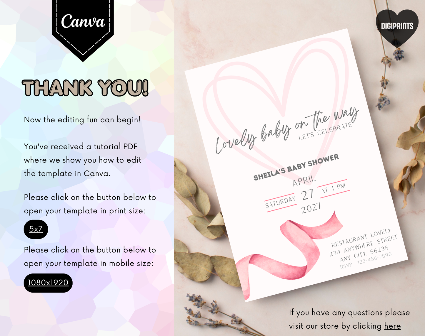Pink Baby Shower Invitation Template | Editable Canva Template | 5x7in & WhatsApp | Digital Download