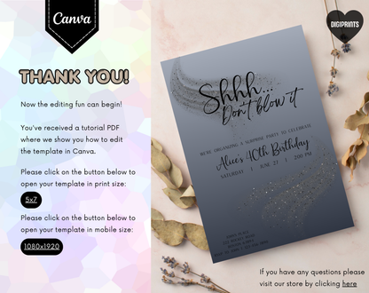 Surprise 40th Birthday Invitation Template Silver Black | Editable Canva Template | 5x7in & WhatsApp | Digital Download