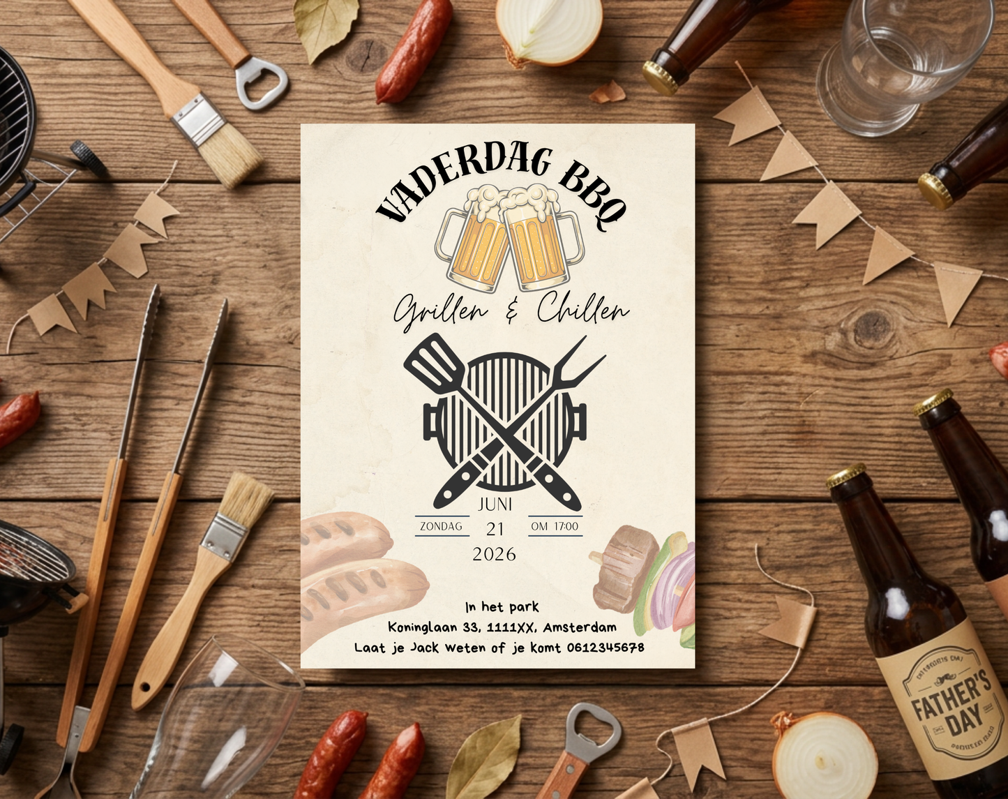 Vaderdag BBQ Uitnodiging Grillen en Chillen | Canva Template | A5 A6 WhatsApp | Direct Download