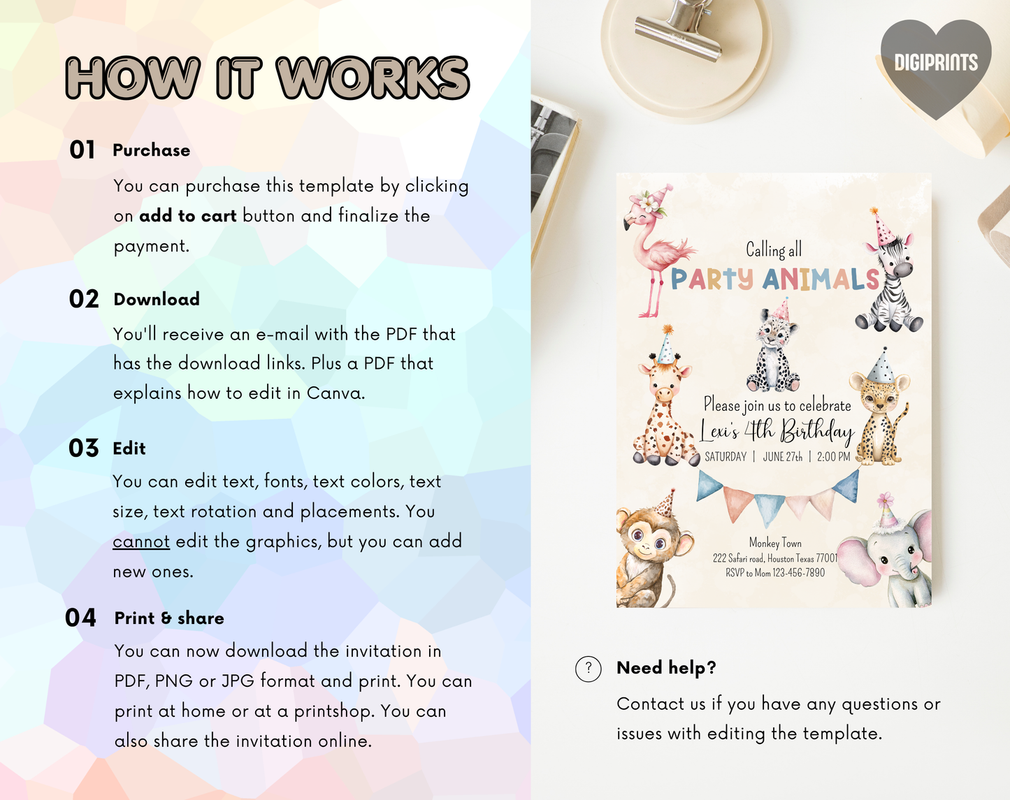 Party Animals Fourth Birthday Invitation Template Beige | Editable Canva Template | 5x7in & WhatsApp | Digital Download