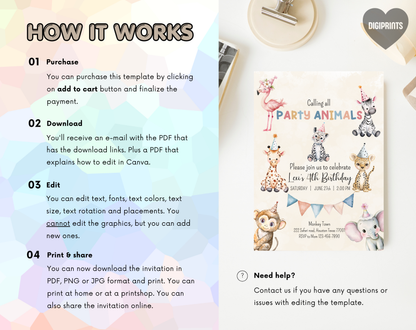 Party Animals Fourth Birthday Invitation Template Beige | Editable Canva Template | 5x7in & WhatsApp | Digital Download