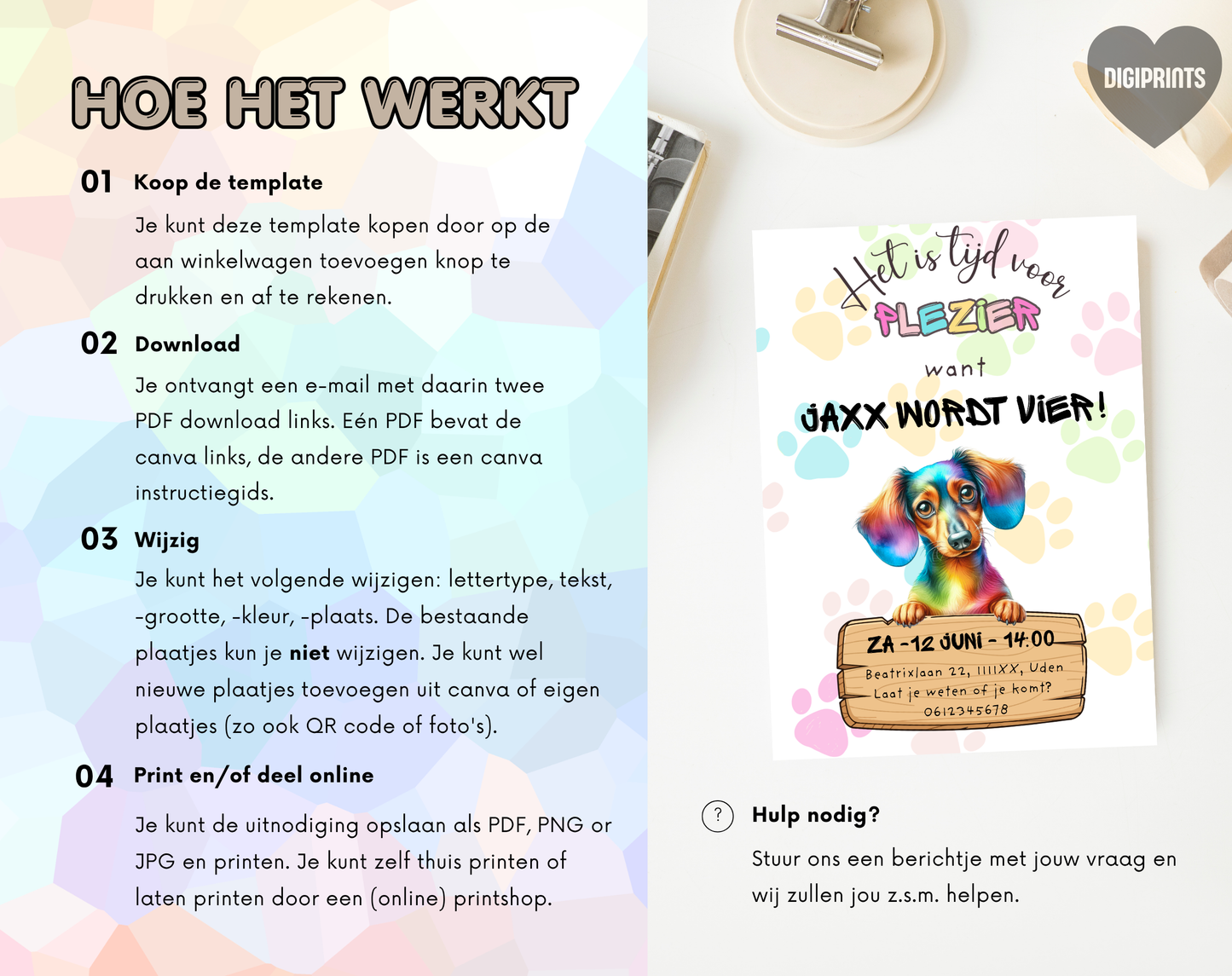Hondenthema Verjaardagsuitnodiging Canva Template | Kinderfeest & Hondenverjaardag | A5, A6 & WhatsApp | Digitale Download