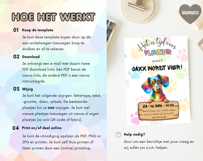 Hondenthema Verjaardagsuitnodiging Canva Template | Kinderfeest & Hondenverjaardag | A5, A6 & WhatsApp | Digitale Download