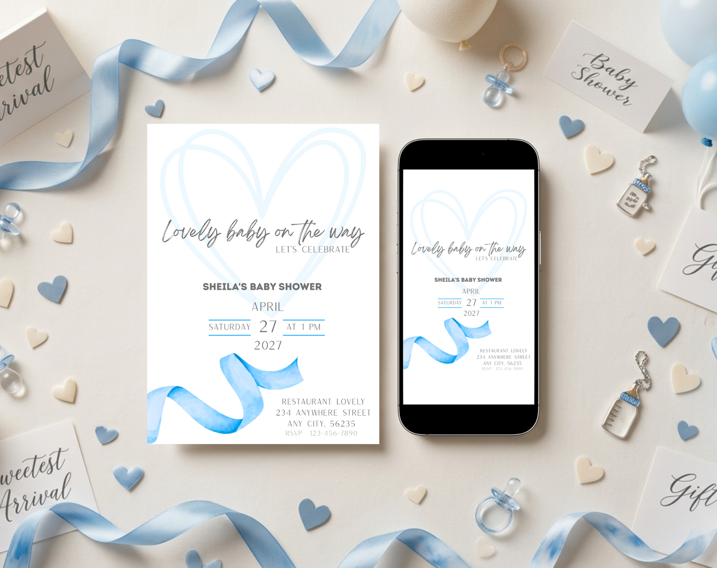 Blue Ribbon Baby Shower Invitation Template | Editable Canva Template | 5x7in & WhatsApp | Digital Download