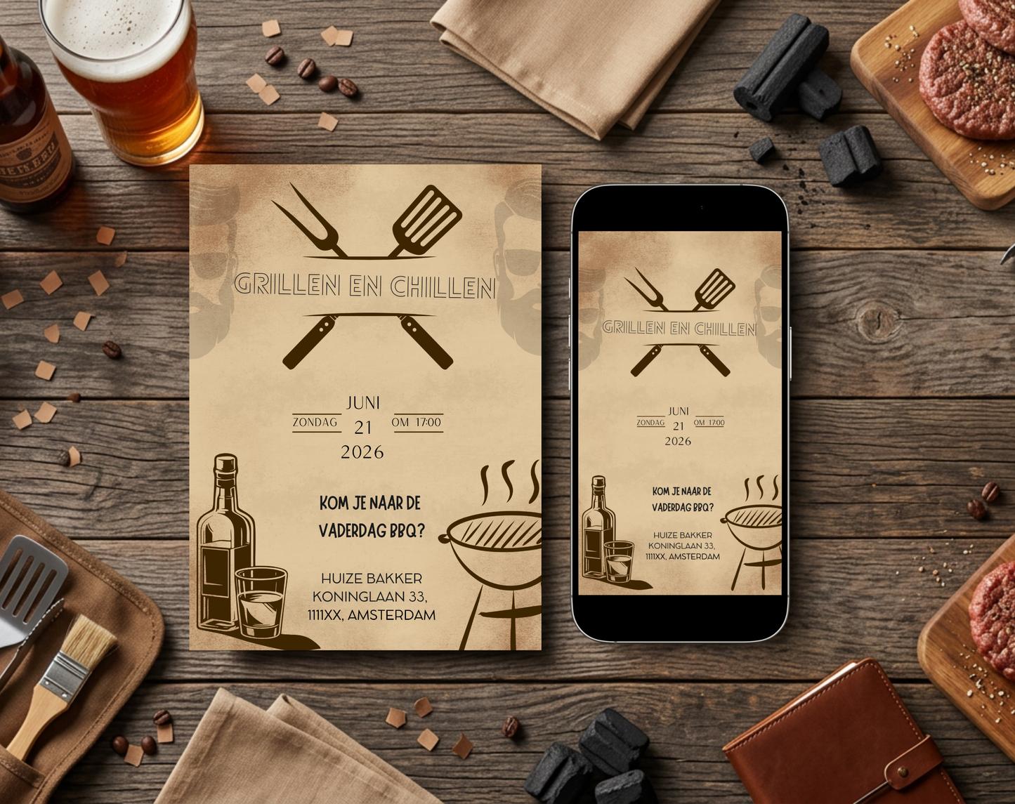 Stoere Vintage Vaderdag BBQ Uitnodiging | Bewerkbare Canva Template | A5 A6 WhatsApp | Download