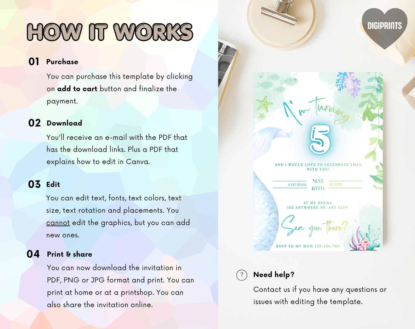 Mermaid Fifth Birthday Invitation Template | Editable Canva Template | 5x7in & WhatsApp | Digital Download