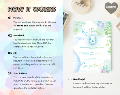 Mermaid Fifth Birthday Invitation Template | Editable Canva Template | 5x7in & WhatsApp | Digital Download