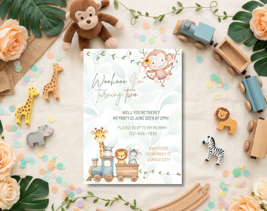 Jungle Train Second Birthday Invitation Template | Editable Canva Template | 5x7in & WhatsApp | Digital Download