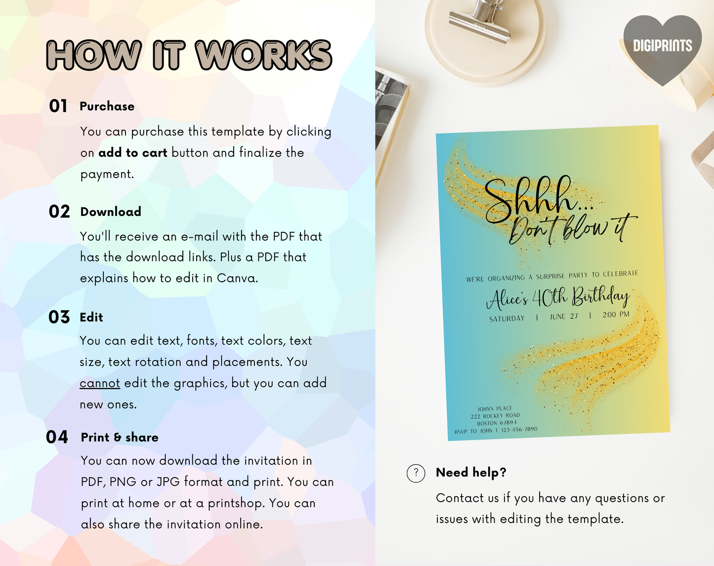 Surprise 40th Birthday Invitation Template Aqua Yellow | Editable Canva Template | 5x7in & WhatsApp | Digital Download