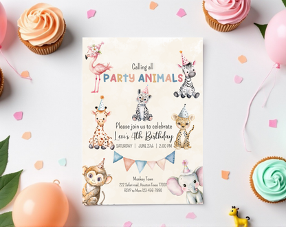 Party Animals Fourth Birthday Invitation Template Beige | Editable Canva Template | 5x7in & WhatsApp | Digital Download
