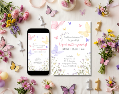 Vlinder Kinderfeestje Uitnodigingstemplate | Bewerkbare Canva Template | A5, A6 & WhatsApp | Digitale Download