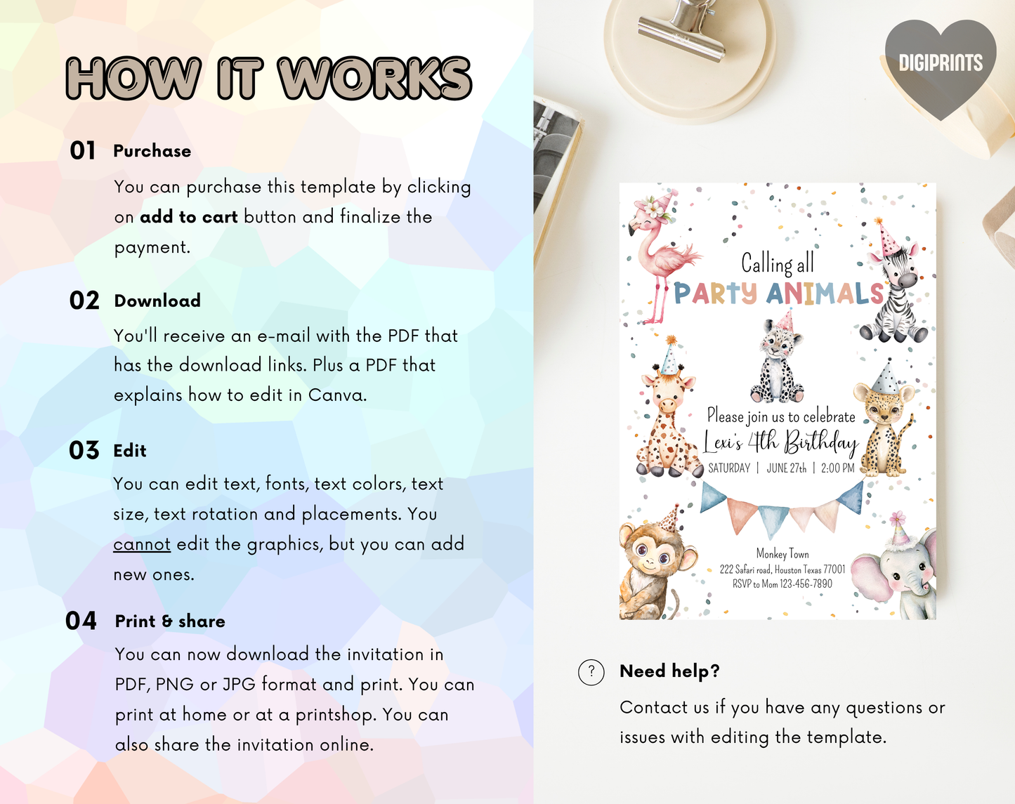 Party Animals Fourth Birthday Invitation Template | Editable Canva Template | 5x7in & WhatsApp | Digital Download