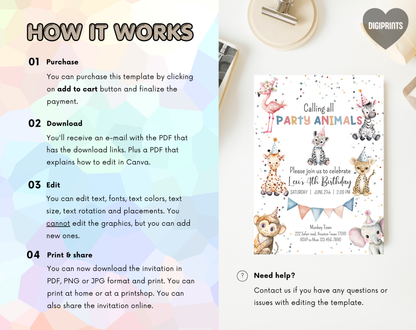 Party Animals Fourth Birthday Invitation Template | Editable Canva Template | 5x7in & WhatsApp | Digital Download