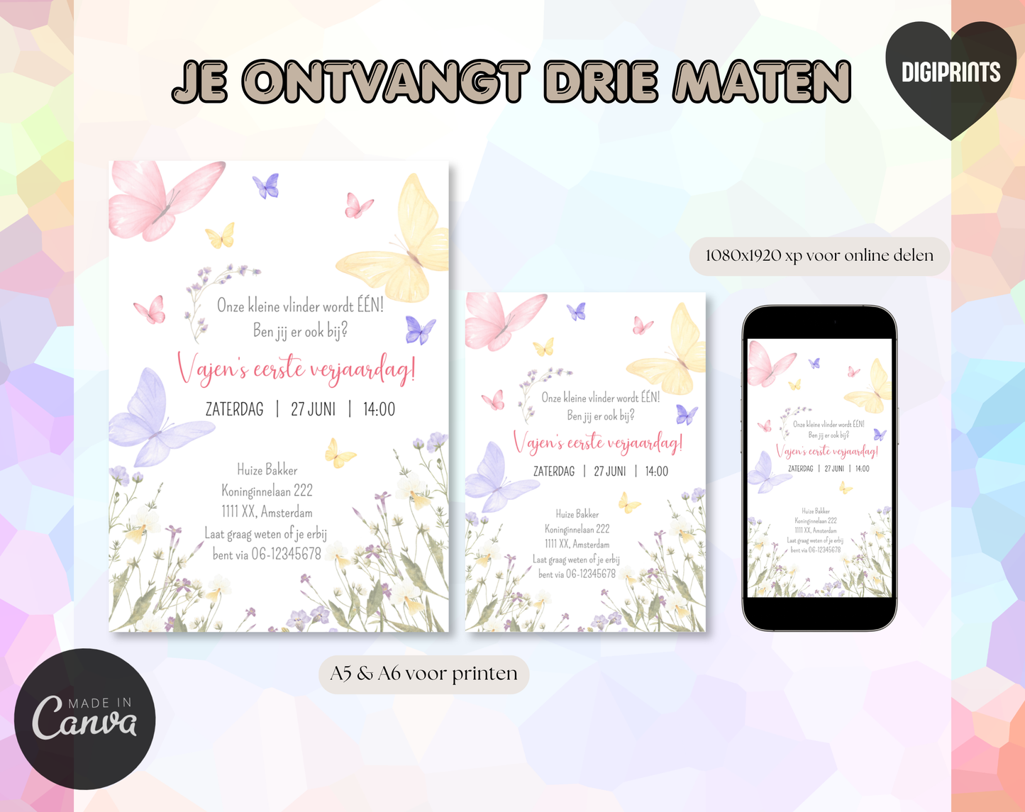 Vlinder Kinderfeestje Uitnodigingstemplate | Bewerkbare Canva Template | A5, A6 & WhatsApp | Digitale Download