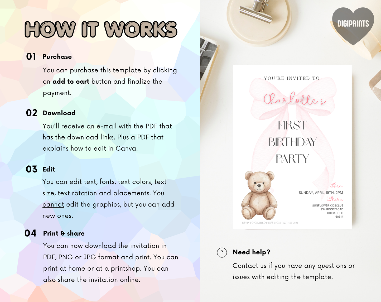 Teddy Bear First Birthday Invitation Template | Editable Canva Template | 5x7in & WhatsApp | Digital Download