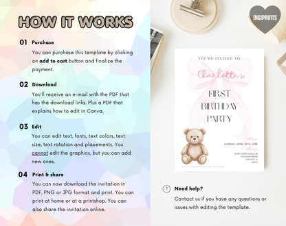 Teddy Bear First Birthday Invitation Template | Editable Canva Template | 5x7in & WhatsApp | Digital Download