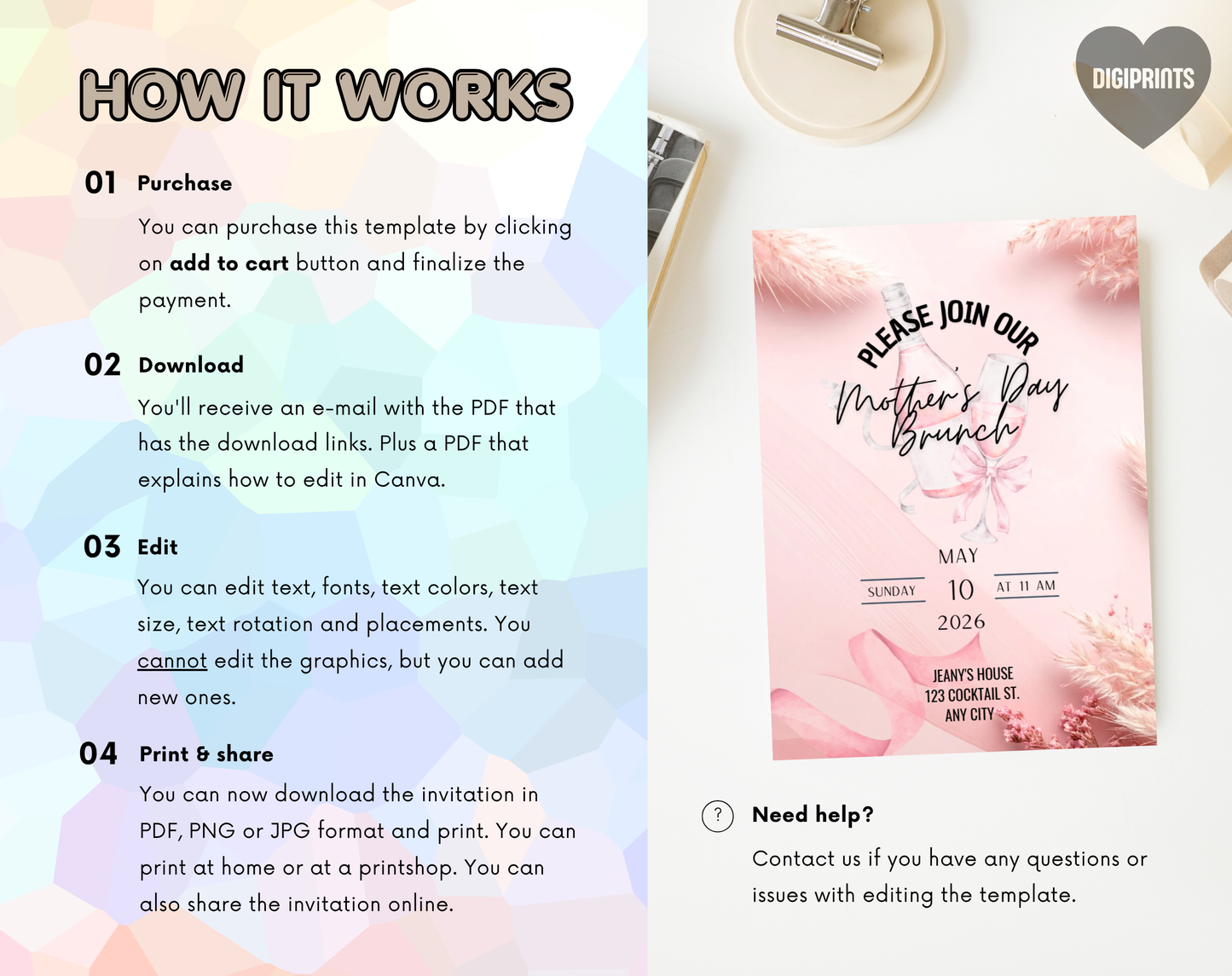 Mother's Day Brunch Invitation Template Pink | Editable Canva Template | 5x7in & WhatsApp | Digital Download