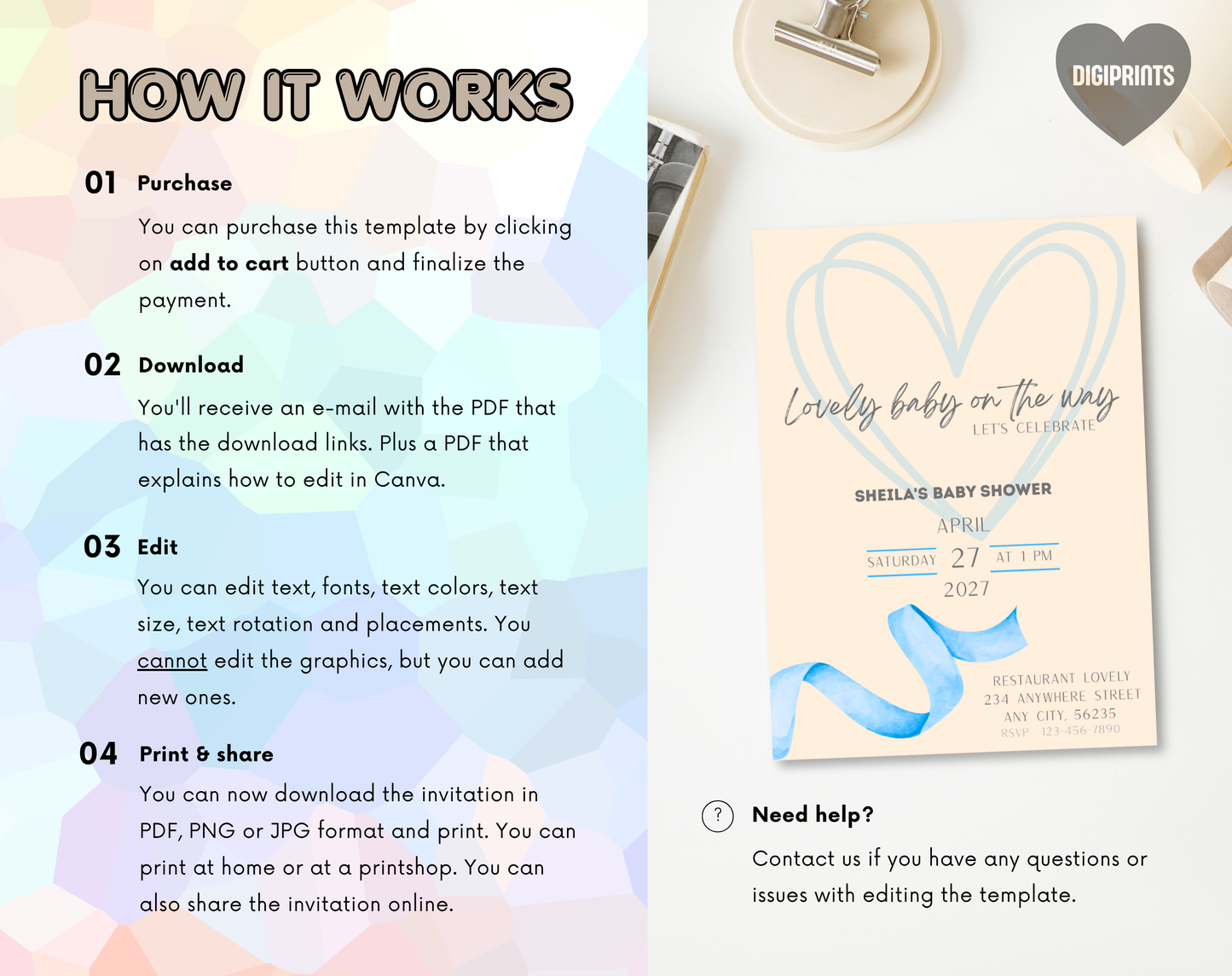 Boho Blue Baby Shower Invitation Template | Editable Canva Template | 5x7in & WhatsApp | Digital Download