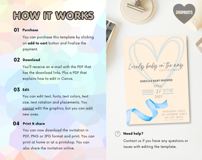 Boho Blue Baby Shower Invitation Template | Editable Canva Template | 5x7in & WhatsApp | Digital Download