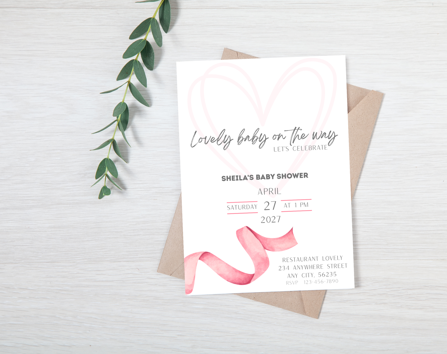 Pink Ribbon Baby Shower Invitation Template | Editable Canva Template | 5x7in & WhatsApp | Digital Download