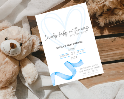 Blue Ribbon Baby Shower Invitation Template | Editable Canva Template | 5x7in & WhatsApp | Digital Download