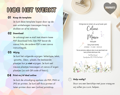Wilde Bloemen Bruiloft Uitnodigingstemplate Wit | Bewerkbare Canva Template | A5, A6 & WhatsApp | Digitale Download