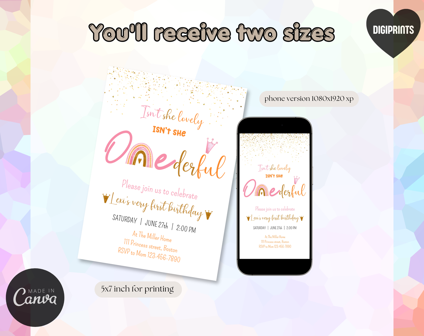 ONEderful First Birthday Invitation Template | Editable Canva Template | 5x7in & WhatsApp | Digital Download