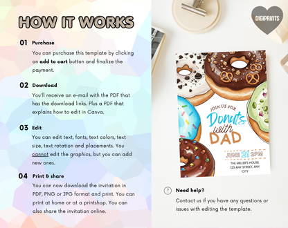 Donuts with Dad Father's Day Invitation Template | Editable Canva Template | 5x7in & WhatsApp | Digital Download