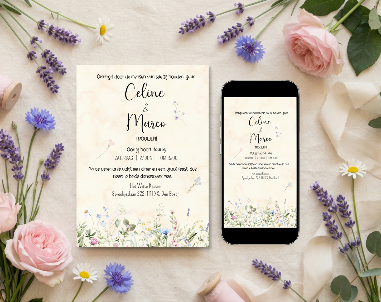 Wilde Bloemen Bruiloft Uitnodigingstemplate Beige | Bewerkbare Canva Template | A5, A6 & WhatsApp | Digitale Download