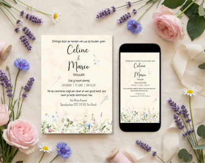 Wilde Bloemen Bruiloft Uitnodigingstemplate Beige | Bewerkbare Canva Template | A5, A6 & WhatsApp | Digitale Download