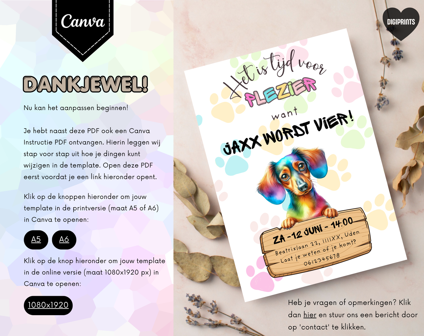 Hondenthema Verjaardagsuitnodiging Canva Template | Kinderfeest & Hondenverjaardag | A5, A6 & WhatsApp | Digitale Download