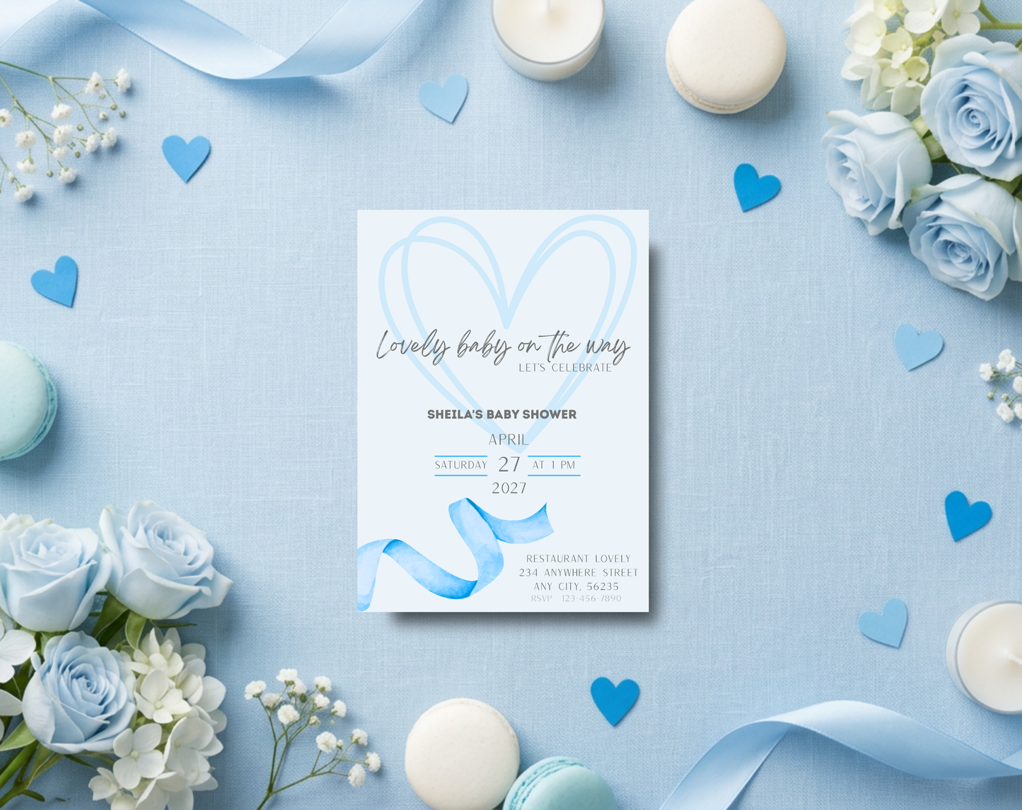 Blue Baby Shower Invitation Template | Editable Canva Template | 5x7in & WhatsApp | Digital Download