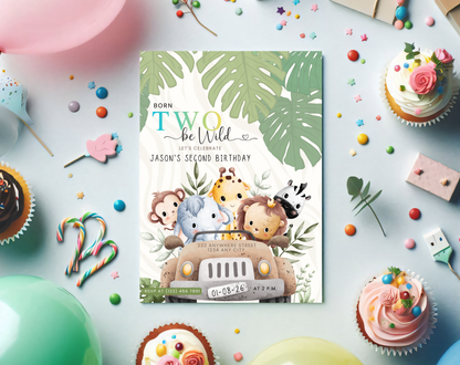 Safari Second Birthday Invitation Template Gradient | Editable Canva Template | 5x7in & WhatsApp | Digital Download
