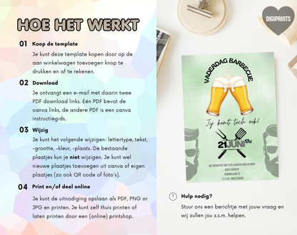 Vaderdag Barbecue Uitnodiging met Bier | Canva Template | A5 A6 WhatsApp | Digitale Download