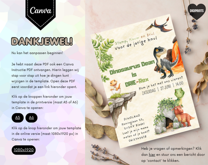 Dinosaurus 3e Verjaardag Uitnodiging DRIE-Rex | Canva Template | A5 A6 WhatsApp | Download