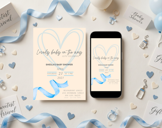 Boho Blue Baby Shower Invitation Template | Editable Canva Template | 5x7in & WhatsApp | Digital Download