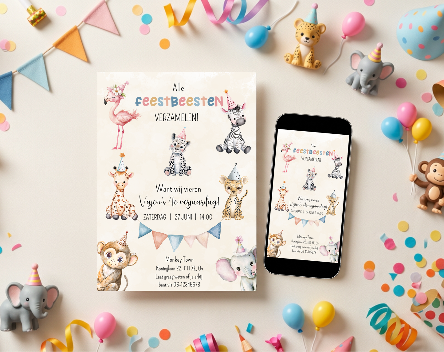 Jungle Dieren Kinderfeestje Uitnodigingstemplate Beige | Bewerkbare Canva Template | A5, A6 & WhatsApp | Digitale Download