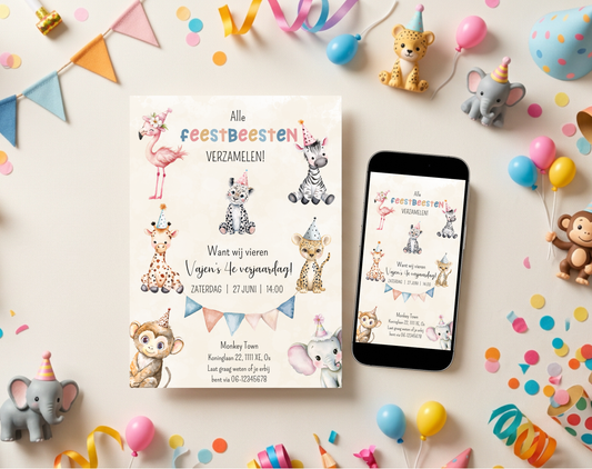 Jungle Dieren Kinderfeestje Uitnodigingstemplate Beige | Bewerkbare Canva Template | A5, A6 & WhatsApp | Digitale Download