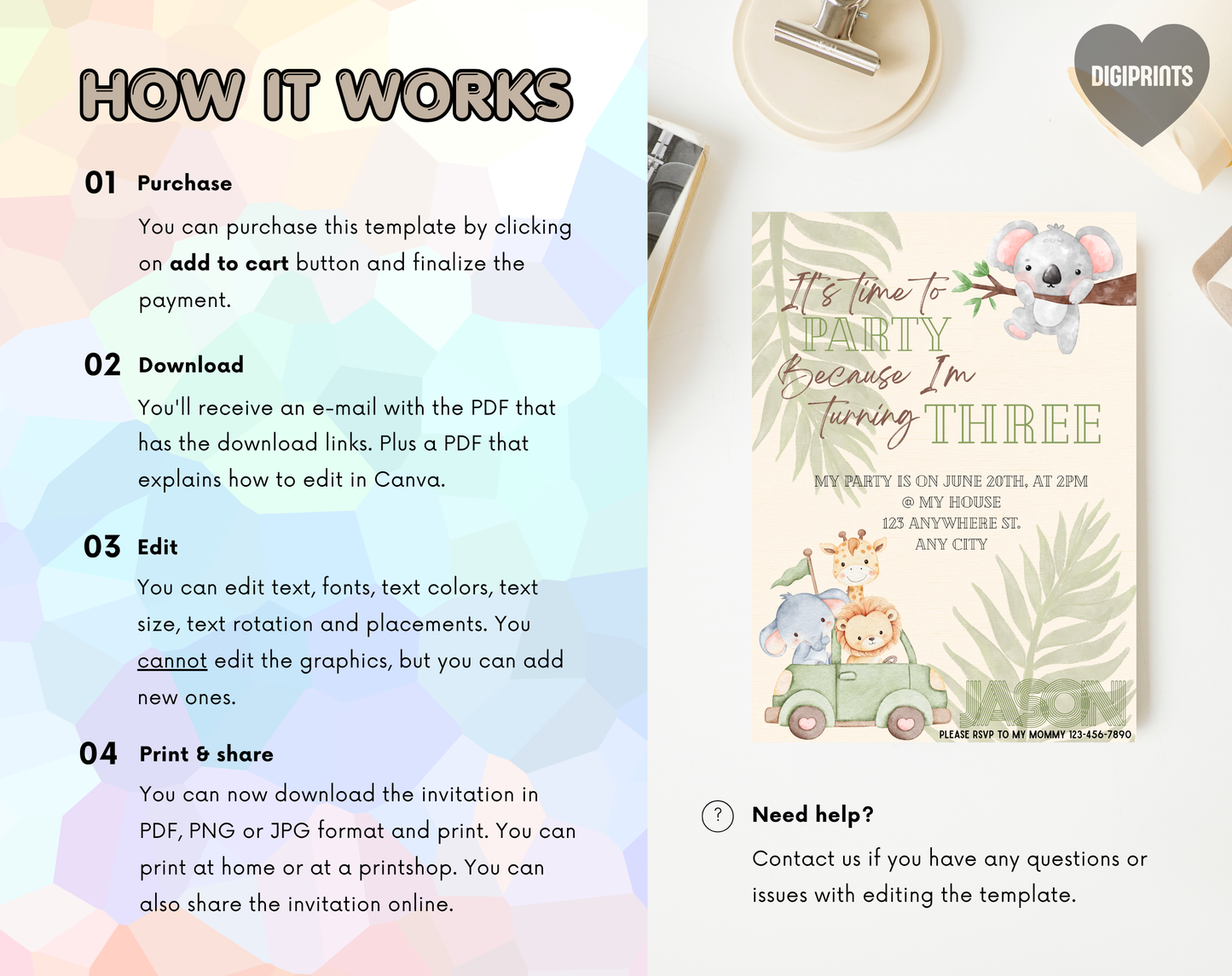Jungle Safari Third Birthday Invitation Template | Editable Canva Template | 5x7in & WhatsApp | Digital Download