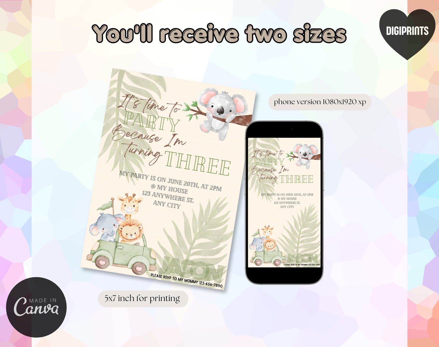 Jungle Safari Third Birthday Invitation Template | Editable Canva Template | 5x7in & WhatsApp | Digital Download