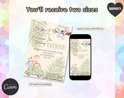Jungle Safari Third Birthday Invitation Template | Editable Canva Template | 5x7in & WhatsApp | Digital Download