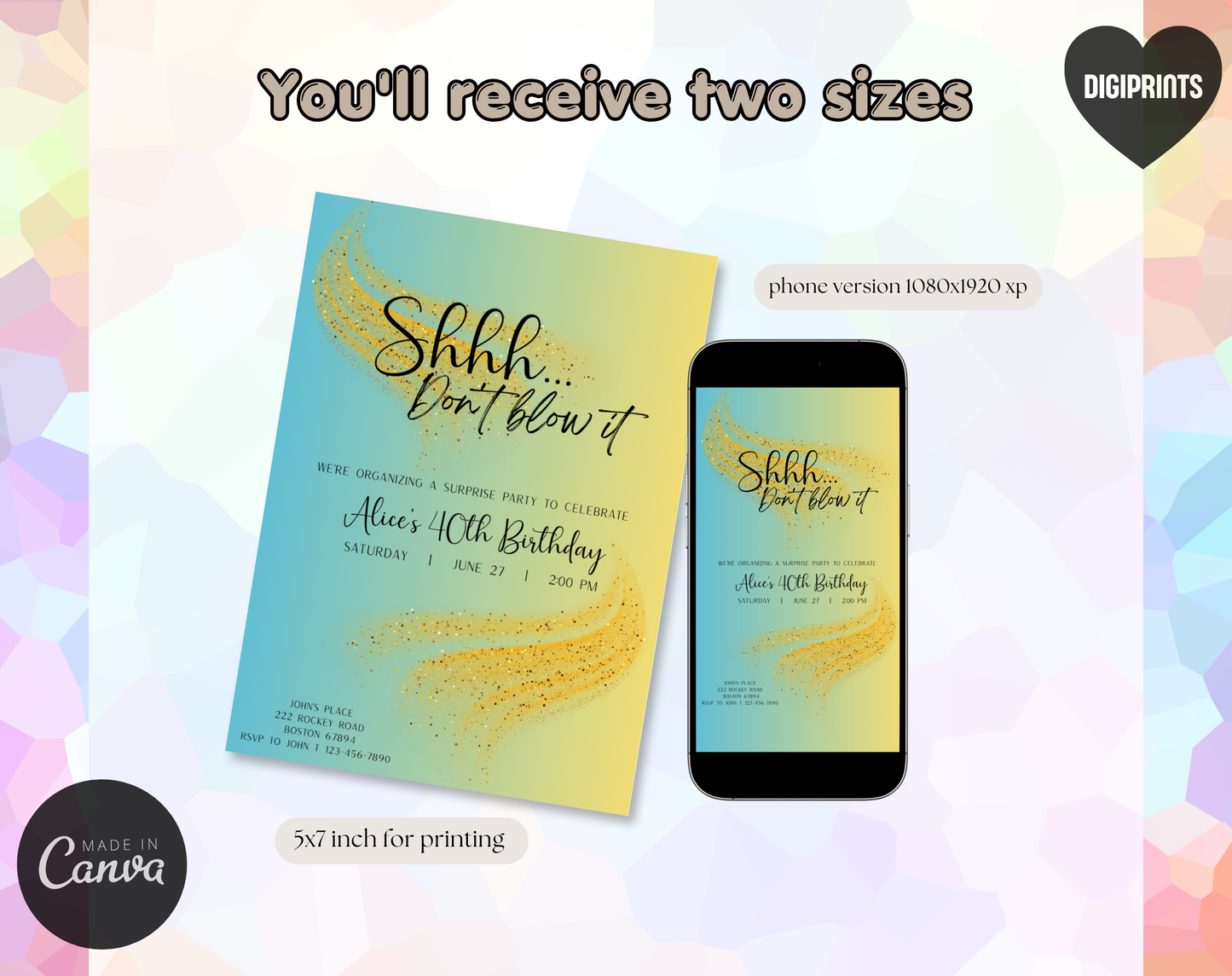 Surprise 40th Birthday Invitation Template Aqua Yellow | Editable Canva Template | 5x7in & WhatsApp | Digital Download