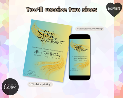 Surprise 40th Birthday Invitation Template Aqua Yellow | Editable Canva Template | 5x7in & WhatsApp | Digital Download