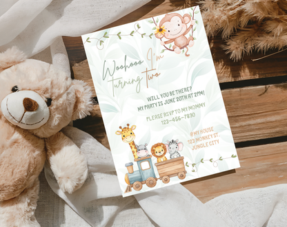 Jungle Train Second Birthday Invitation Template | Editable Canva Template | 5x7in & WhatsApp | Digital Download