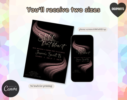 Surprise Sweet 18 Birthday Invitation Template Black Pink | Editable Canva Template | 5x7in & WhatsApp | Digital Download