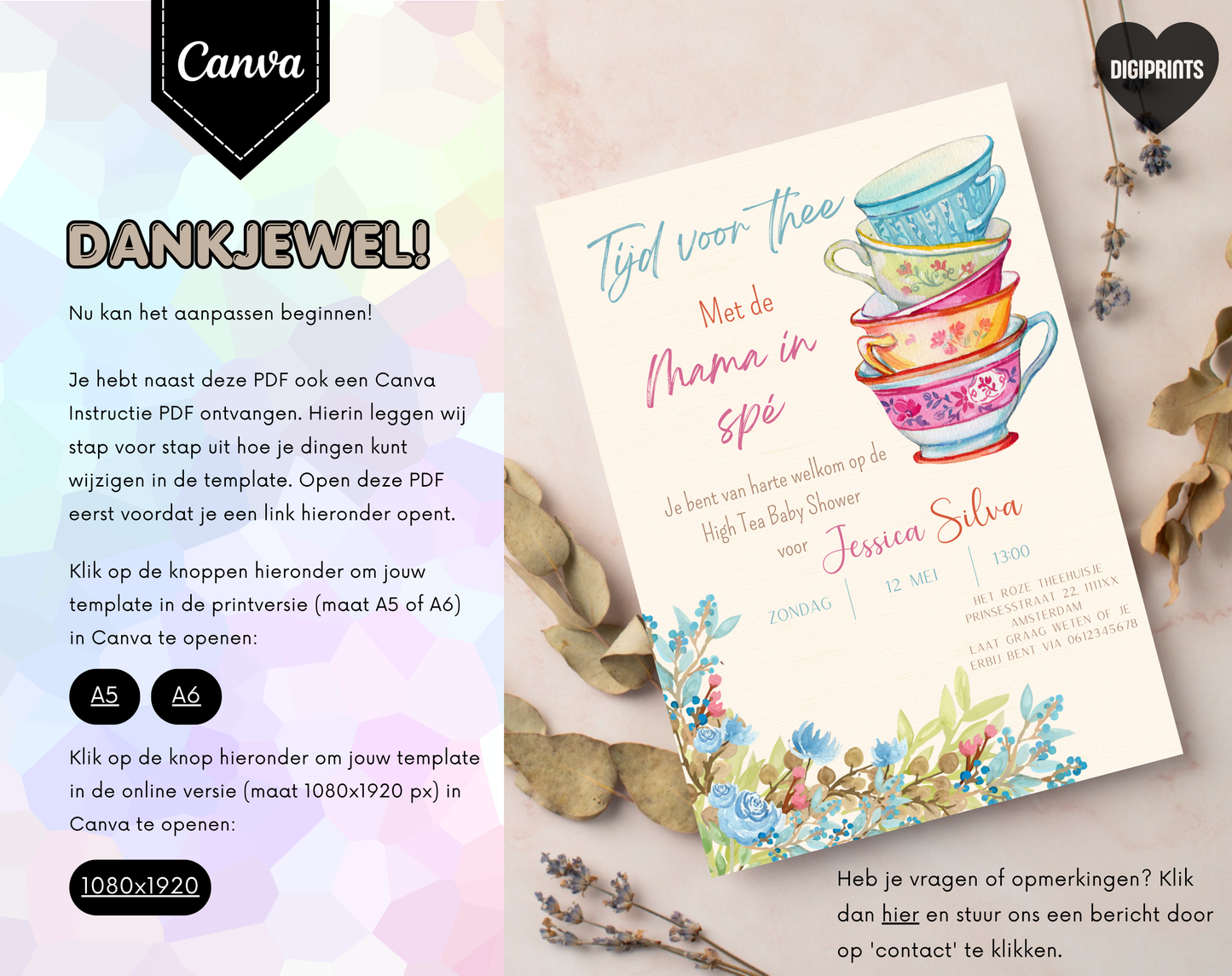 High Tea Babyshower Uitnodigingstemplate Mama in Spé | Bewerkbare Canva Template | A5, A6 & WhatsApp | Digitale Download